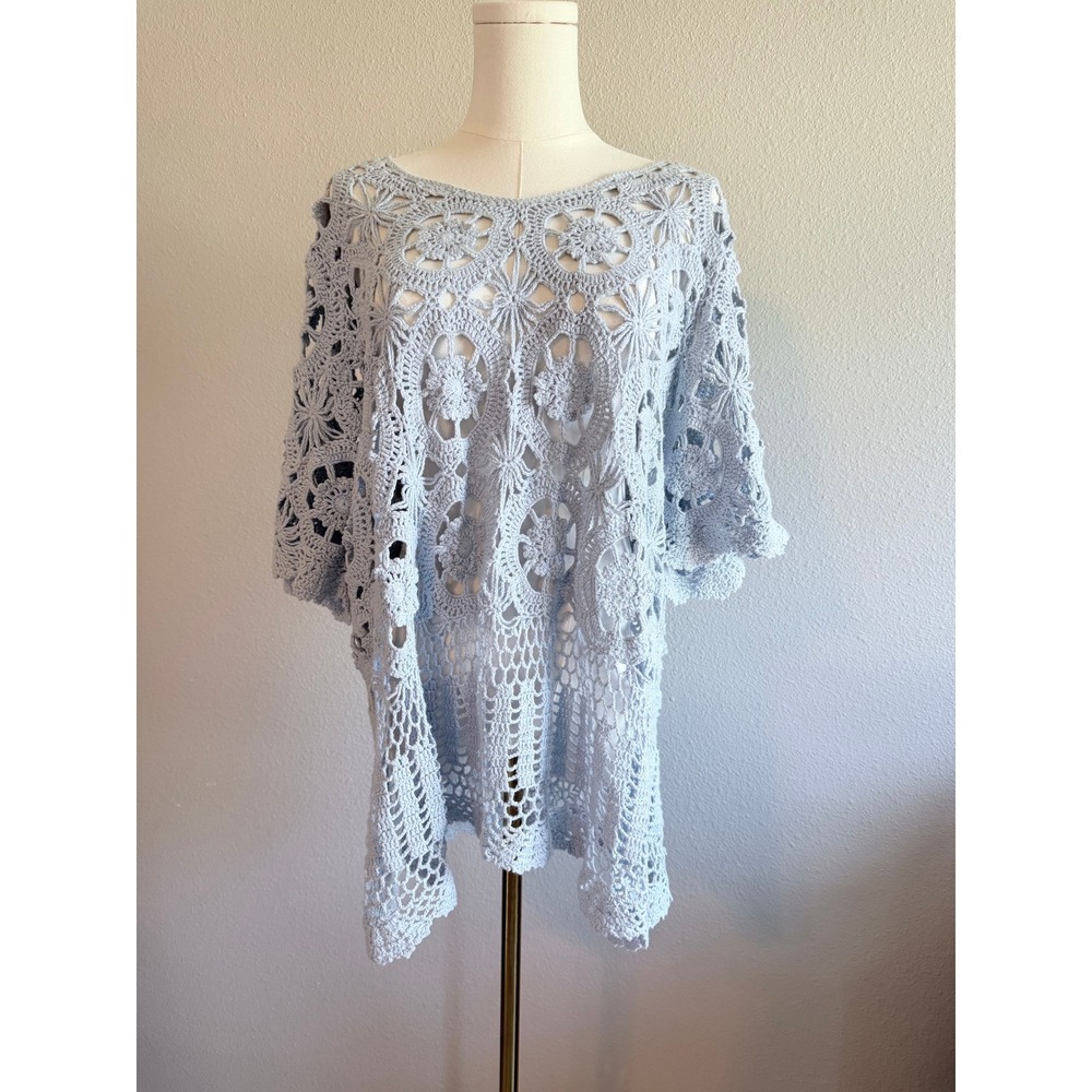 Roamans Light Blue Crochet Tunic Sweater Womens 18/20 Floral Cottagecore Knit